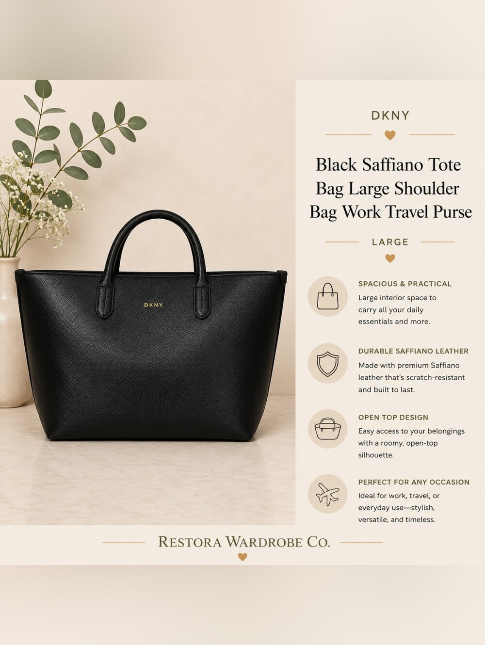 DKNY Black Saffiano Tote Bag Large Shoulder Bag Work Travel Purse